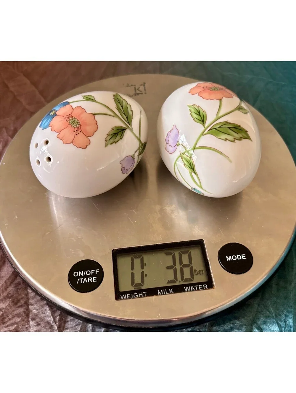 Vintage Floral Porcelain Salt Pepper Shakers Egg Shape Pink Blue Flowers